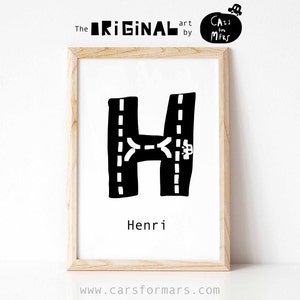 Nombre de guardería temático de automóviles Imprimir impresiones de guardería en blanco y negro Transporte Arte de pared Carta H Imprimir Coches Arte de pared Descarga digital