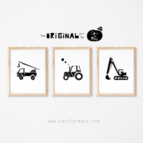Truck Prints Set of 3 in Black and White For Toddler Room Decor,  Construction Themed Nursery Instant Download