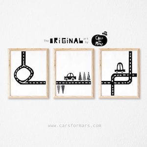 Juego de 3 impresiones de carretera en blanco y negro para la decoración de la habitación de los niños, arte de la pared de transporte imprimible