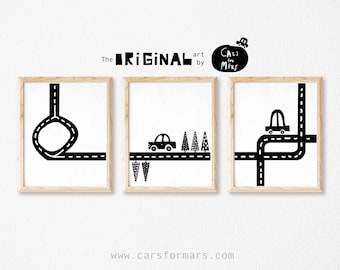 Set of 3 Road Prints in Black and White For Boys Room Decor, Transportation Wall Art Printable