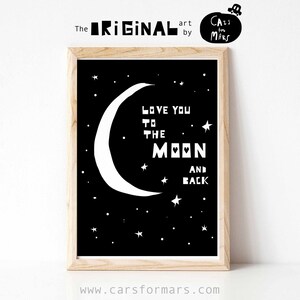 I love you to the moon and back print black and white nursery wall art instant download