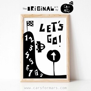 May include: Black and white illustration of a car driving up a hill with numbers 1 through 9. The text "Let's Go!" is above the car. The image is framed in a light wood frame.