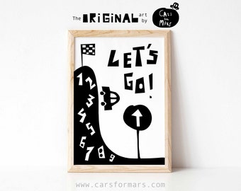 Impression de voiture de course noir blanc, Art de transport, Art mural de voitures, Impressions de pépinière noir et blanc, Décor de tout-petit, Pépinière de voiture de course