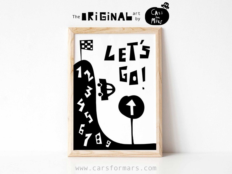 May include: Black and white illustration of a car driving up a hill with numbers 1 through 9. The text "Let's Go!" is above the car. The image is framed in a light wood frame.