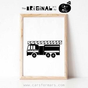 Fire Truck Wall Art  in Black and White for Toddler Boy Room Decor, Rescue Transportation Print Instant Download