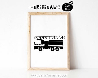 FeuerwehrAuto Wandkunst in schwarz weiß für Kleinkind Junge Zimmer Dekor, Rettungstransport Druck Sofort Download