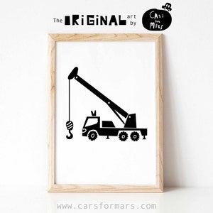 Crane Truck Print in Black and White for Big Boy Decor, Construction Transportation Wall Art,  Boom Truck