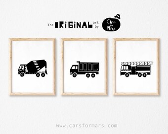 Truck Wall Art Set of 3 Black and White For Toddler Boy Room Decor, Transportation Wall Art Instant Download