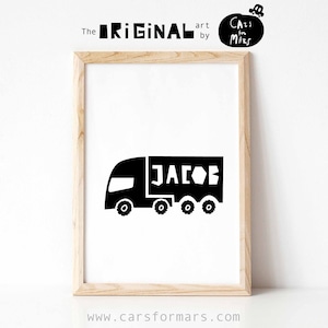 Custom Name Semi Truck Print for Toddler Boy Room Decor, Black and White, DIGITAL download