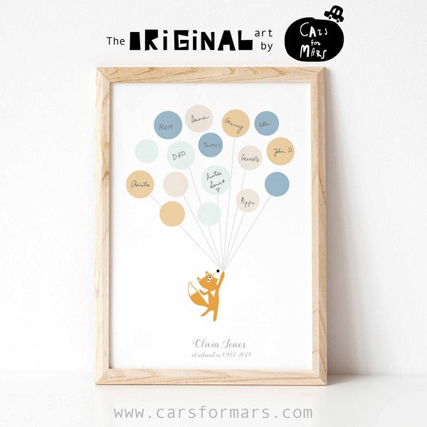 Personalised Printable Christening Guest Book Alternative Fox with Balloons, Baptism Poster Christening Decoration DIGITAL DOWNLOAD