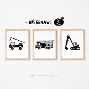 Custom Name Fire Truck Print with Construction Vehicles Set For A Toddler Room Decor, Transportation Wall Art Digital Download