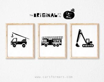 Bau-Lkw-Drucke 3er-Set mit einem benutzerdefinierten Namen Feuerwehrauto Druck für ein Kleinkind Zimmer Dekor, Transport Wandkunst digitaler Download