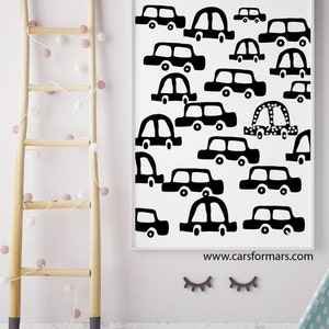 Puede incluir: Arte de pared imprimible en blanco y negro con un patr&oacute;n repetitivo de coches. Los coches son estilizados y tienen un dise&ntilde;o sencillo. El texto "www.carsformars.com" est&aacute; en la parte inferior de la impresi&oacute;n.
