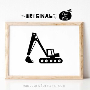 Excavator Print for Toddler Boy Room Decor in Black and White, Construction Vehicles Transportation Decor Instant Download