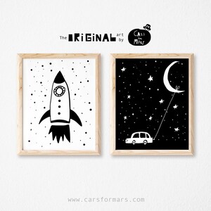 Set of 2 Space Wall Art Prints in Black and White For Toddler Room Decor featuring Rocket Print, Transportation Decor Instant Download