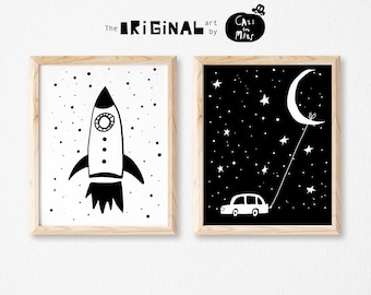 Space Prints 2er Set in Schwarz-Weiß für KleinkindZimmer Dekor mit Mond Print, Space Theme Kinderzimmer Dekor Instant Download