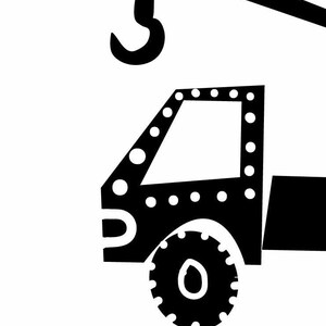 May include: Black and white illustration of a toy crane with a hook. The crane has a dotted pattern on the cab and wheels.