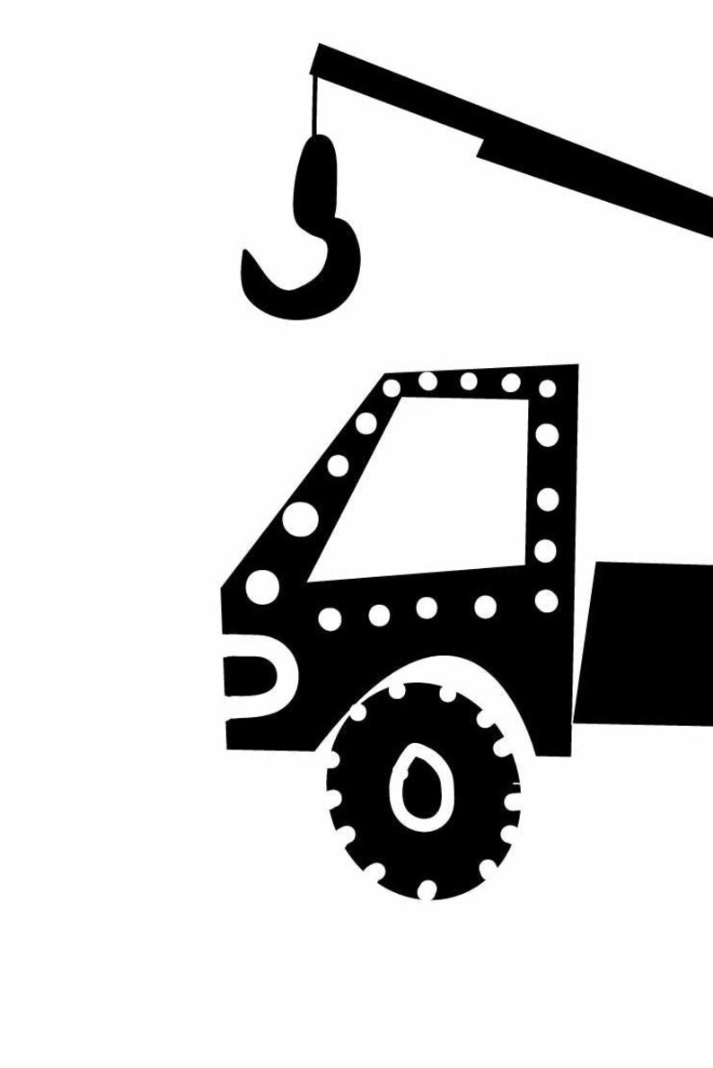 May include: Black and white illustration of a toy crane with a hook. The crane has a dotted pattern on the cab and wheels.