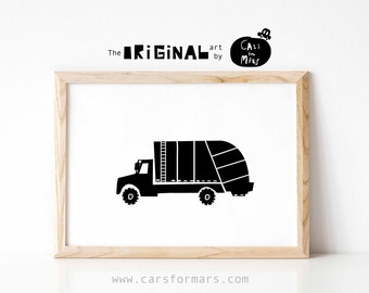 Garbage Truck Print for Toddler Room Decor in Black and White, Transportation Decor Instant Download