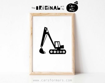 May include: Black and white illustration of an excavator with the text "The ORIGINAL art by Cars for Mars" above it.