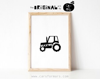 Personalisierter Name Traktor Druck in Schwarz weiß für Kleinkind Junge Zimmer Dekor, Baby Name Print Transport Wandkunst, DIGITALER Download