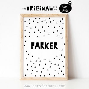 Baby Name Print in Black And White with Scandinavian Triangles for Nursery Decor,
