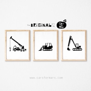 Set of 3 Construction Theme Prints Featuring Bulldozer Print in Black and White for Boys Room Decor, Transportation Decor Instant Download