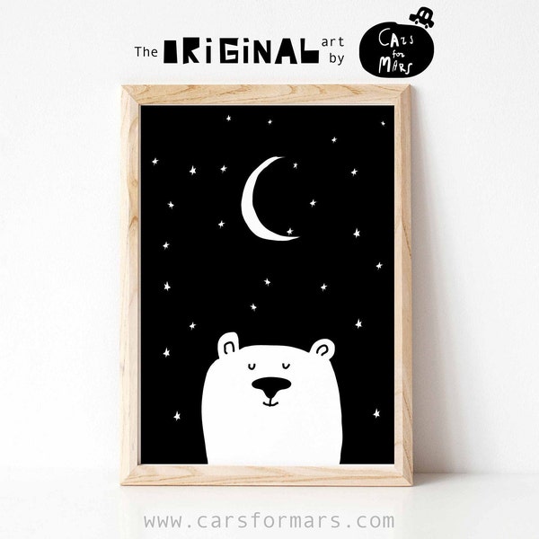 Polar Bear Print in Black and White For Kids Room Decor, Good Night Nursery Wall Art Instant Download