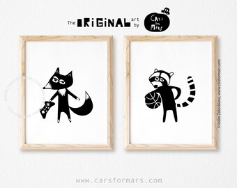 DIGITAL 2er Set Schrullige Tierdrucke mit Fuchs Print und Waschbär Print für Kinderzimmer in Schwarz und Weiß, Monochrome Kinderzimmer Dekor