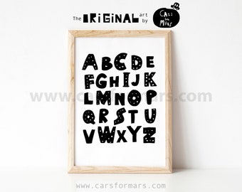 Alphabet Print in schwarz weiß für geschlechtsneutrale KleinkindZimmer Dekor, ABC Poster Kinderzimmer WandKunst Instant Download