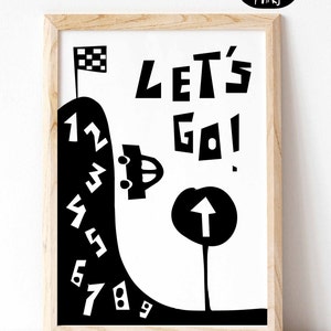 May include: Black and white illustration of a car racing up a hill with numbers 1 through 9. The text "Let's Go!" is written in large, bold letters. The text "The Original Art by Cars for Mars" is at the top of the image. The text "www.carsformars.com" is at the bottom of the image.