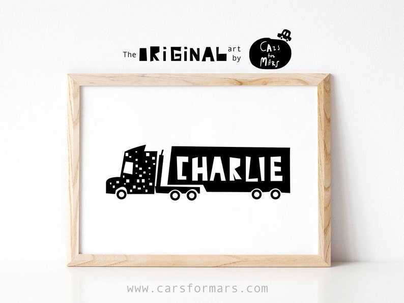 Personalised Semi Truck Trailer Nursery Print in Black and White, Transportation Wall Art for Toddler Room Decor, DIGITAL download image 1