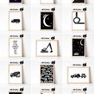 May include: A set of 12 black and white printable wall art prints featuring various designs, including a rocket ship, an excavator, a moose, a garbage truck, a crescent moon, a road with a loop, a car driving under a crescent moon, a truck, a pattern of cars, a truck pulling a trailer, a rocket ship, a rabbit on a skateboard, and a road with the words "left" and "right".
