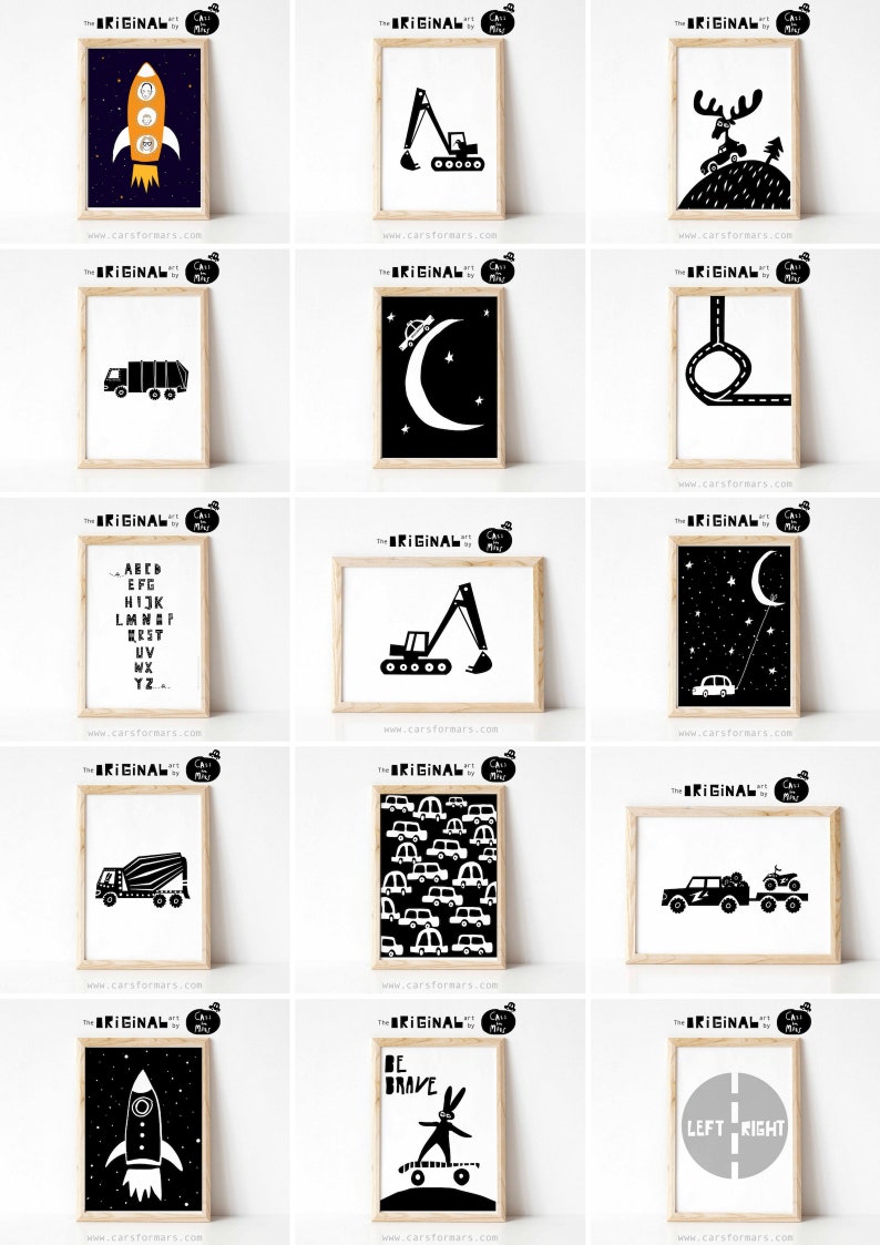 May include: A set of 12 black and white printable wall art prints featuring various designs, including a rocket ship, an excavator, a moose, a garbage truck, a crescent moon, a road with a loop, a car driving under a crescent moon, a truck, a pattern of cars, a truck pulling a trailer, a rocket ship, a rabbit on a skateboard, and a road with the words "left" and "right".