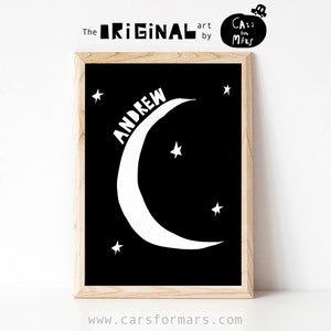 Custom Moon Name Print in Black and White for Toddler Room Decor, Space Theme Baby name Print