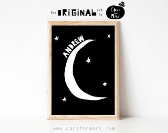 Personalisierter Mond Namensdruck in Schwarz-Weiß für KleinkindZimmer Deko, Weltraum Thema Baby Name Print