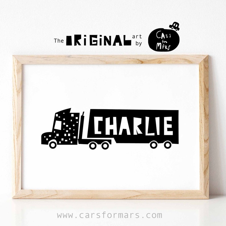 Personalised Semi Truck Trailer Nursery Print in Black and White, Transportation Wall Art for Toddler Room Decor, DIGITAL download image 4