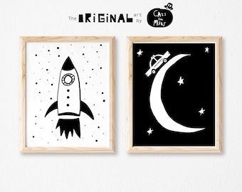 Space Poster Set von 2 Space Nursery Prints in schwarz weiß für Weltraum Kinderzimmer Dekor, Sofortiger Download