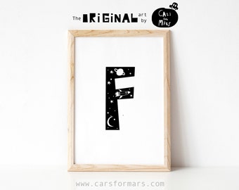 Platz unter dem Buchstaben F Print mit Rakete in schwarz und weiß für Kleinkind Zimmer Dekor, Alphabet Print Instant Download