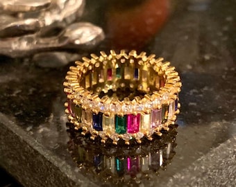 Rainbow Baguette Ring: Multicolored Stone Eternity Band