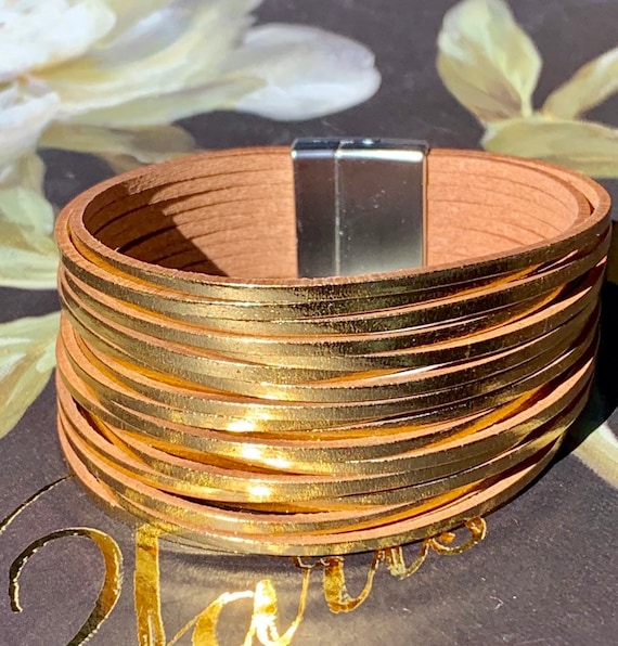 Gold Leather Wrap Bracelet: Metallic Stack Cuff, Trendy Women's Jewelry