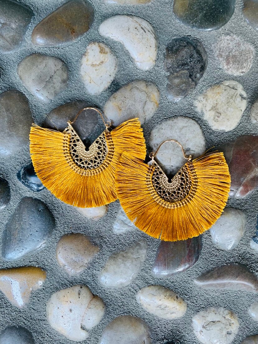 Mustard Yellow Tassel Earrings: Autumn Fringe Statement  display picture 1