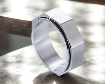 Mens Silver Ring Anti Anxiety Fidget Spinner Ring Modern Gear Biker Ring for Man Men's Jewelry Gift for Boyfriend Geometric Spinning Ring