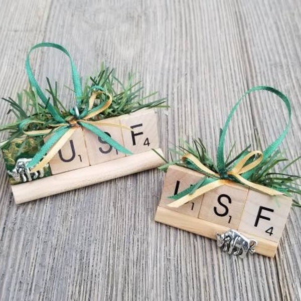 Bulls " USF " Scrabble Ornament Made to Order for a University of South Florida team Athlete, Student, Teacher, Professor, Graduate, Parent