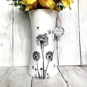 Dandelion Vase, Glass Vase, Dalelions & Butterflies, Vase For Flowers, Shabby Chic Vase, Farmhouse Vase, Flower Gifts, Decorative Vase.