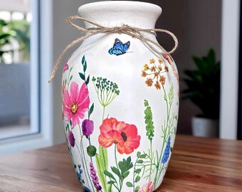 Vaso in vetro con motivo a prato di farfalle, decorazione in stile shabby chic in stile fattoria, vaso per fiori, decorazione primaverile, decorazione con fiori di campo.