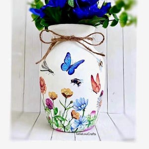 Butterfly Meadow Glass Vase, Decoupaged, Flower Vase, Shabby Chic Vase, Farmhouse Vase, Glass Vase, Vase Decor, Gifts For Her, Small Vase.