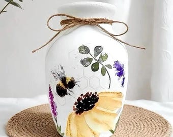 Decoupage Bee Glass Vase: Rustic Farmhouse Floral Decor, Honeybee Decor, Spring Decor, Fall Decor, Bee On Flower.