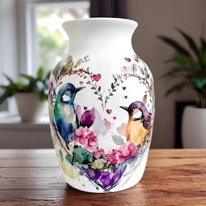 May include: White ceramic vase featuring a watercolour design of two birds amidst flowers and hearts. The birds are blue and orange, with pink, purple, and green floral accents. A decorative item for home decor.