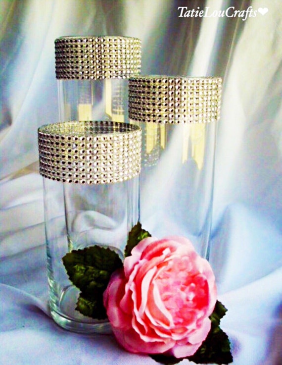 Set Of 3 Silver Rhinestone Wrap Glass Cylinder Vases Wedding Etsy